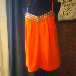 Naked Zebra Orange Strappy Flowy Tank Blouse - Embroidered Accent - Size S